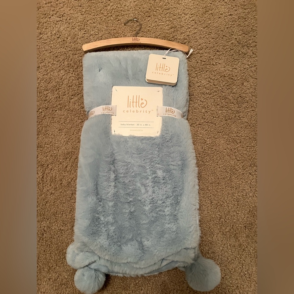 Little Celebrity- Baby Blue Faux Fur Pom Pom Baby Blanket NWT 30”40”